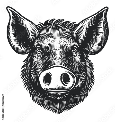 Detailed Engraved Portrait of a Pig in Woodcut Style Artwork