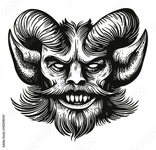 Intricate Black and White Illustration of a Horned Beast Face