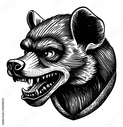 Detailed Black and White Woodcut of a Ferocious Animal Head