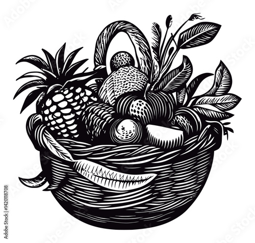 Detailed Woodcut Style Drawing of a Fruit Basket with Leaves