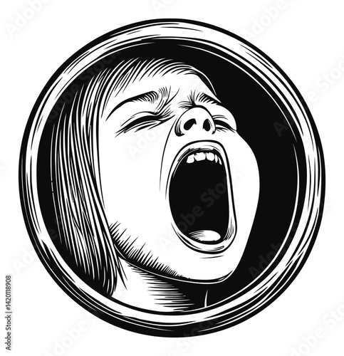 Engraved Illustration of a Screaming Child in Oval Frame Design