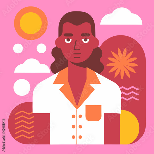 A pensive young woman in a summery white shirt against a warm, stylized sunset, evoking feelings of calm and quiet reflection with bold graphic elements and a pink backdrop.