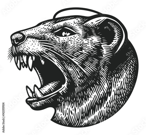 Detailed Woodcut Style Head of a Fierce Animal with Open Mouth