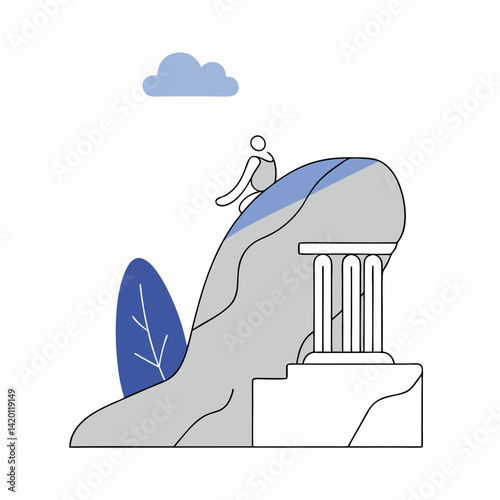 A serene figure contemplates life's journey atop a majestic cliff overlooking ancient ruins, a minimalist illustration with calming blue and grey tones.