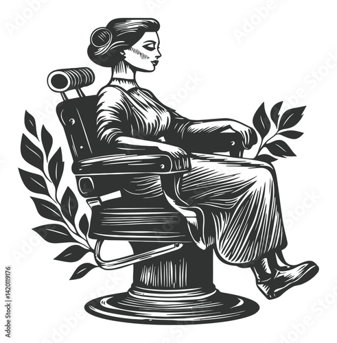 Vintage Woodcut Illustration of a Woman in a Barber Chair