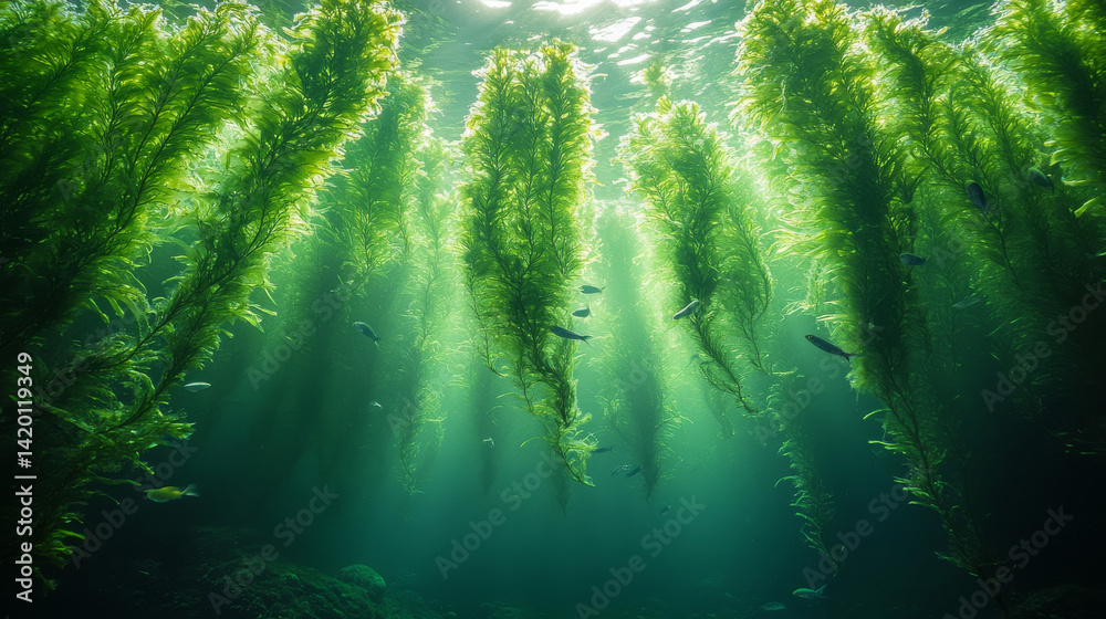 Obraz premium Vibrant green seaweed illuminated underwater with a school of fish, depicting the natural marine environment of Rias Baixas, Galicia, Spain