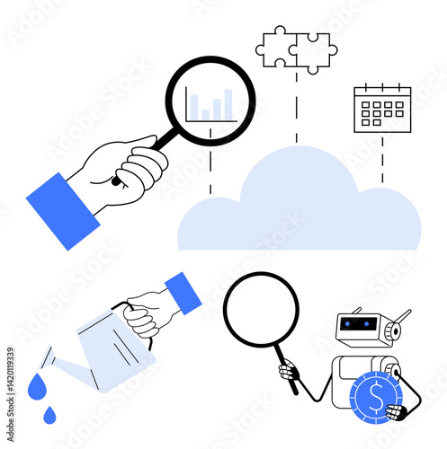 Hands with magnifier examining charts, puzzle pieces, and calendar above a cloud, nurturing concept robot analyzing cloud insights. Ideal for data analysis, AI, teamwork, strategy, planning growth