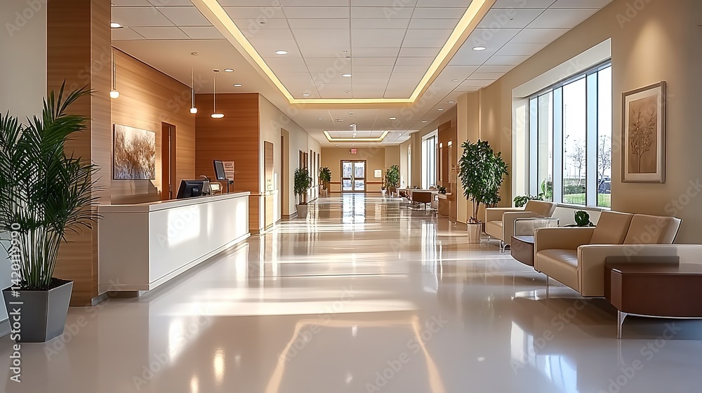 Fototapeta premium This luxe reception hall blends minimalism with nature. Ideal for hospitality branding or interior design portfolios, it symbolizes refined professionalism and eco-conscious luxury