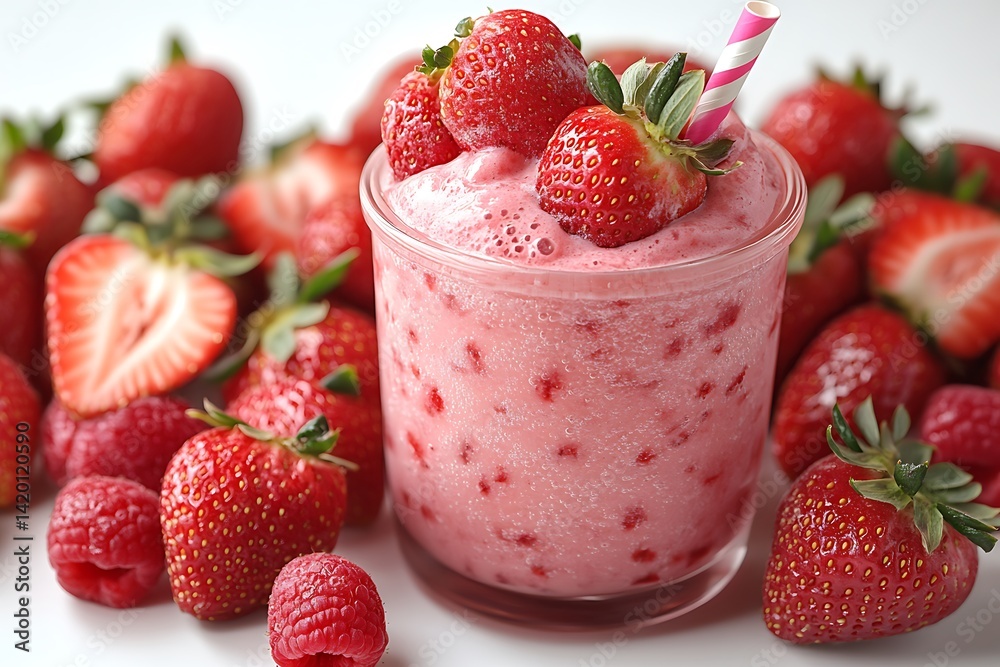 Strawberry Smoothie, Whole Strawberries and Striped Straw on White Background, Refreshment Strawberry Smoothie, Whole Strawberries and Striped Straw on White Background, Refreshment