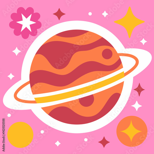 A whimsical planet with swirling, sunset hues orbiting in a playful pink cosmos, adorned with simple stars and flowers.