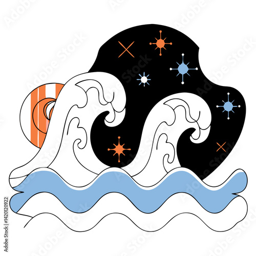 Ocean waves crashing against a dark mysterious shore under a starry midsummer night sky, stylized with bold lines and retro mid-century modern accents.