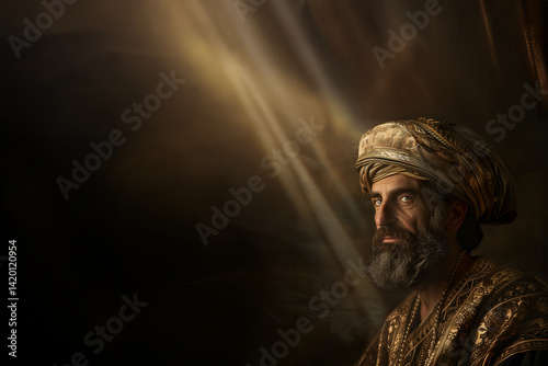 Portrait dramatique de Caïphe, grand prêtre juif du Sanhédrin, lumière divine sur fond sombre, représentation historique et biblique forte, ambiance spirituelle et solennelle