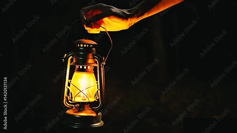 Man holding old oil lamp in the night