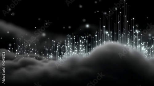 Ethereal Cityscape of Light Fibers Rising from the Clouds in a Black and White Digital Scene
