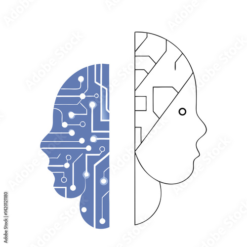 The merging of human and artificial intelligence, a technological marvel depicted in sleek blue and white minimalist line art.