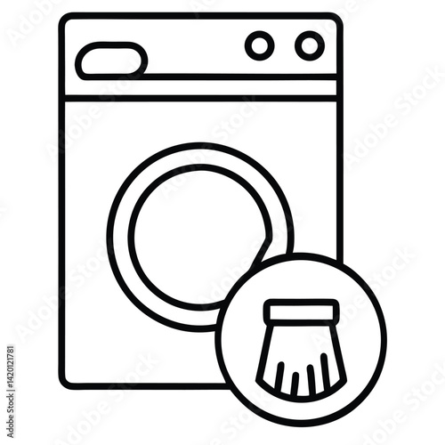 Modern Line Art Washing Machine Icon with Clothing Care Symbol on White