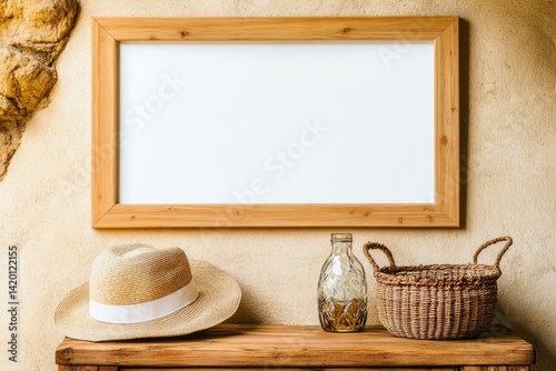 Empty frame, straw hat, rustic decor
