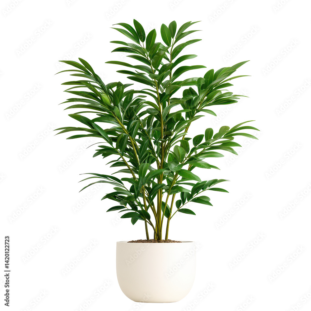 Fototapeta premium Bright green indoor potted plant with lush foliage in modern minimalist white ceramic pot for home decor and air purification on transparent background