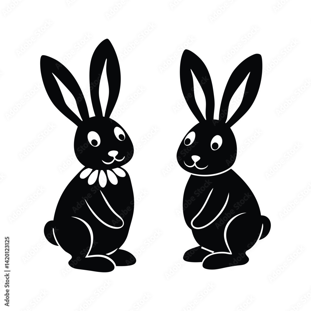 Fototapeta premium Black side silhouette of a rabbit with reflection isolated on transparent background. Vector illustration