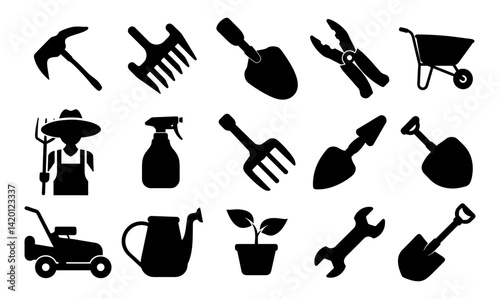 Gardening Tools Silhouette on white 