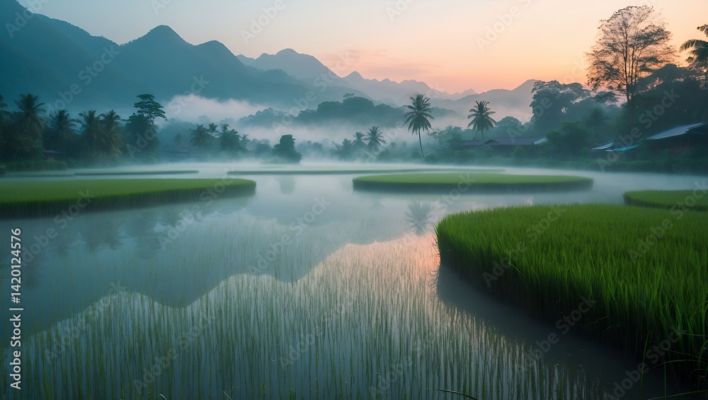 Fototapeta premium Green Rice Paddy Fields Reflecting Misty Sunrise Sky in Rural Setting