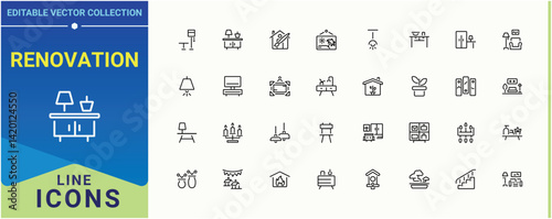 Renovation line icon set. Home Decor icon set. Bedroom thin web icons. Outline icons in linear style. Vector illustration. Pixel perfect.