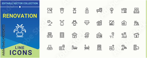 Renovation linear icon set. Includes symbols for interior, home, decoration, apartment, sofa and more. Home Decor related icon set. Sign and Symbol. Editable vector illustration.