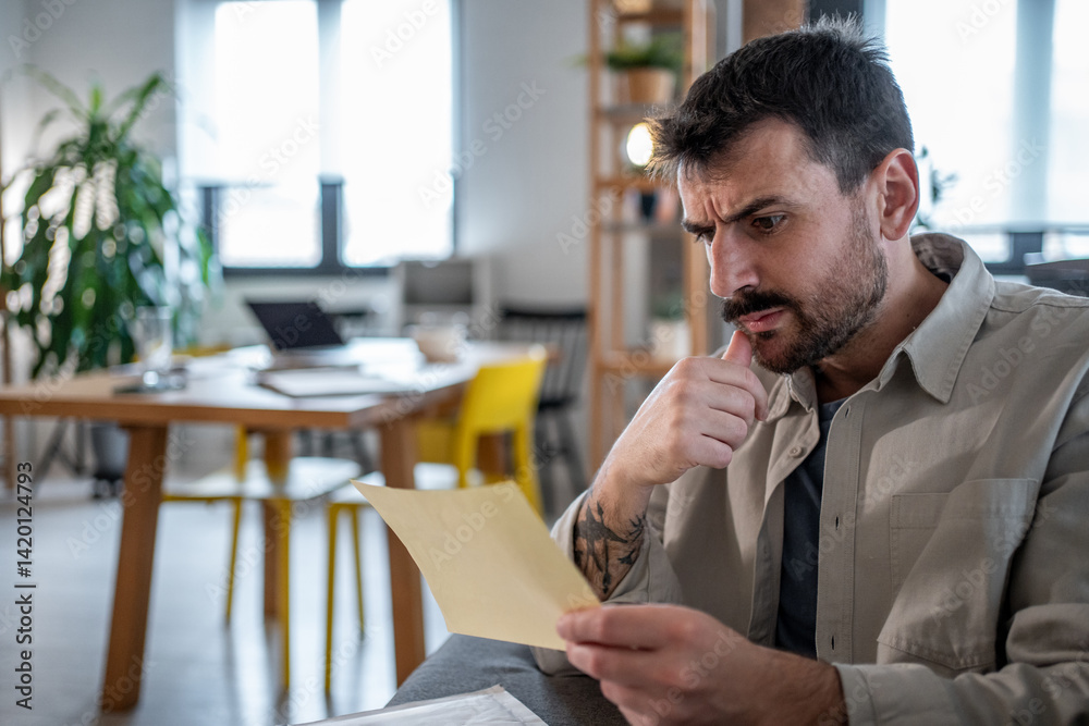 Fototapeta premium Pensive entrepreneur reading important documents in modern office