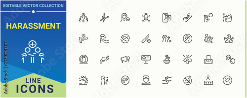 Set of Harassment line icon. Related to bully, discrimination, oppression, crime, bullying, hurt and more. Violence icon set. Thin icons set. Editable vector stroke.