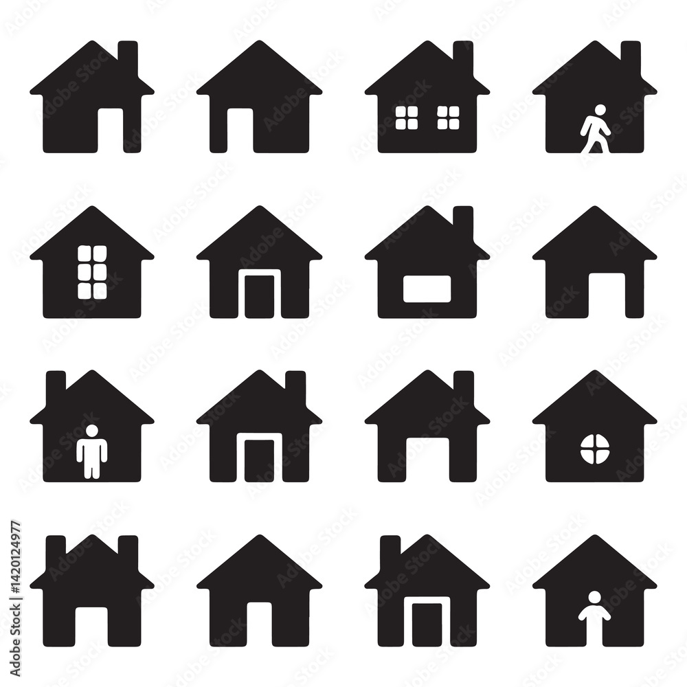 Set of House Icons in Black Silhouette Style Set of House Icons in Black Silhouette Style
