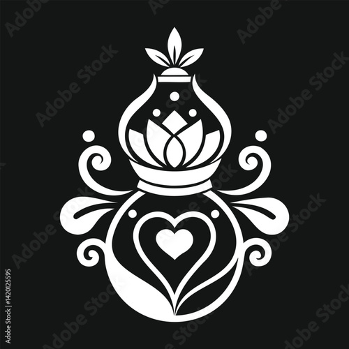 Sacred Pot with Floral and Heart Motif in Folk Style