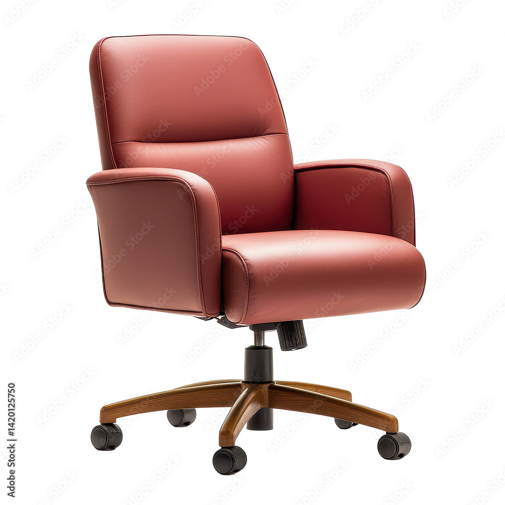 Obraz premium Comfortable ergonomic office chair with cushioned armrests adjustable height and swivel base for modern workspace comfort and support on transparent background