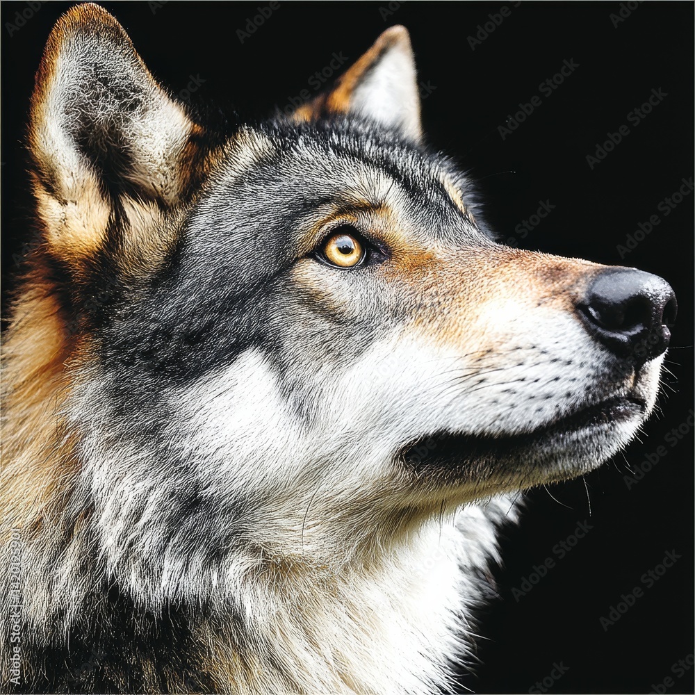 Fototapeta premium Intense Gaze: A Close-Up Portrait of a Majestic Grey Wolf with Penetrating Eyes against a Stark Black Background