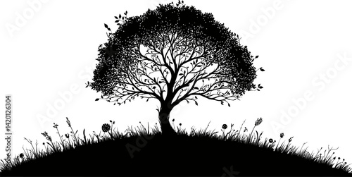 Majestic Lone Tree Vector Silhouette A Serene Landscape Illustration