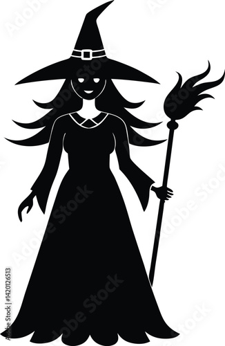 Silhouette of a Witch Figure with Hat in a Mysterious Pose