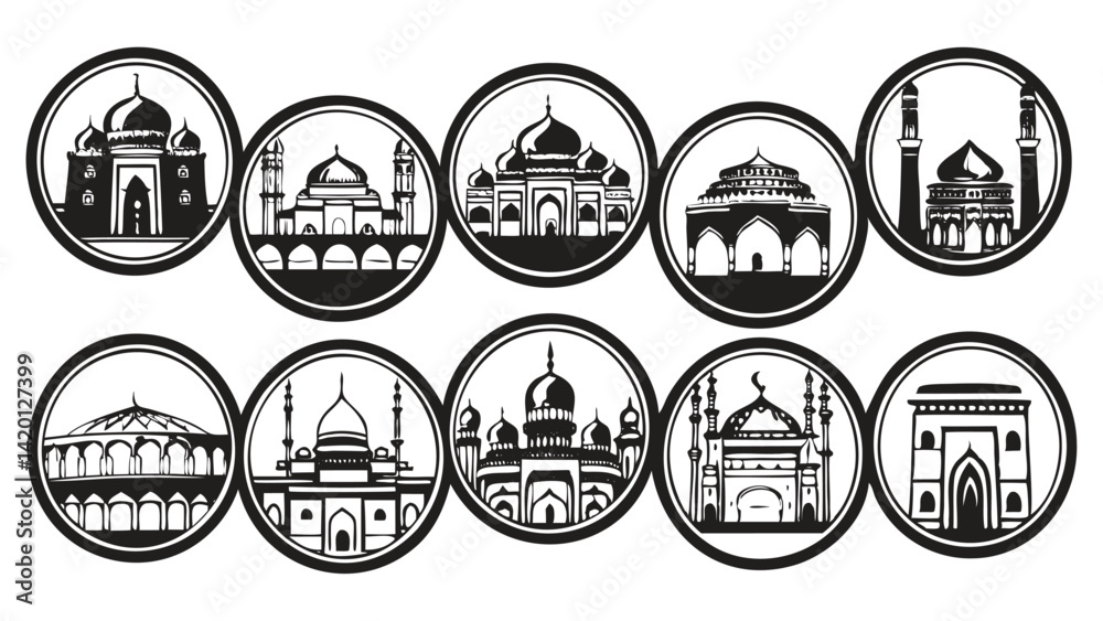 Obraz premium Islamic Monuments and Mosques in Circle Badge Format