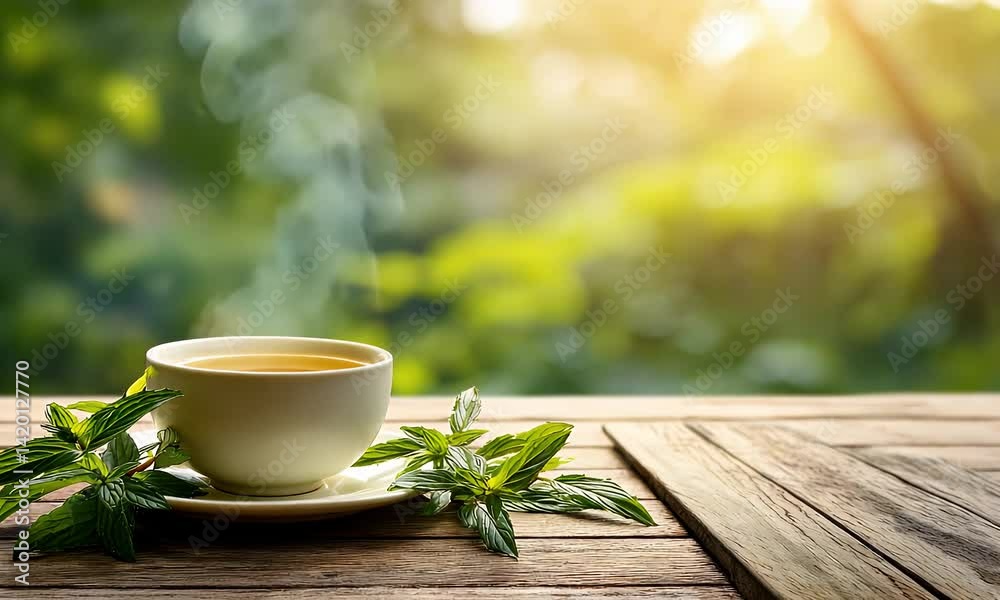 Warm beverage on rustic table. Greenery and sunlight in background evoke tranquility and wellness Warm beverage on rustic table. Greenery and sunlight in background evoke tranquility and wellness