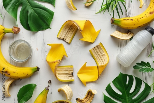 Creative Concept of Recycling with Banana Peels and Green Leaves