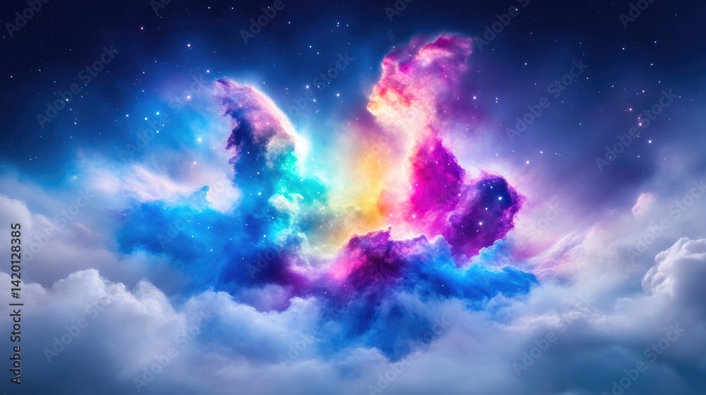 Cosmic Nebula Cloud Formation Vibrant Fantasy Style High Definition Lighting Wide Landscape View Starry Night Celestial Dance Above Clouds Bright Magical Hues Ideal for Sci-Fi Art Cosmic Nebula Cloud Formation Vibrant Fantasy Style High Definition Lighting Wide Landscape View Starry Night Celestial Dance Above Clouds Bright Magical Hues Ideal for Sci-Fi Art