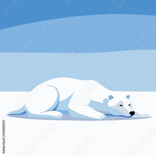 A solitary polar bear lies stretched out on a vast, white snowy expanse under a pale sky.