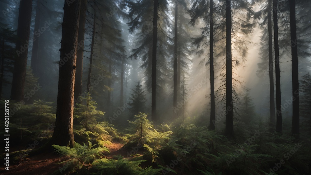 Fototapeta premium Sunlight Streaming Through Misty Forest with Tall Trees and Ferns