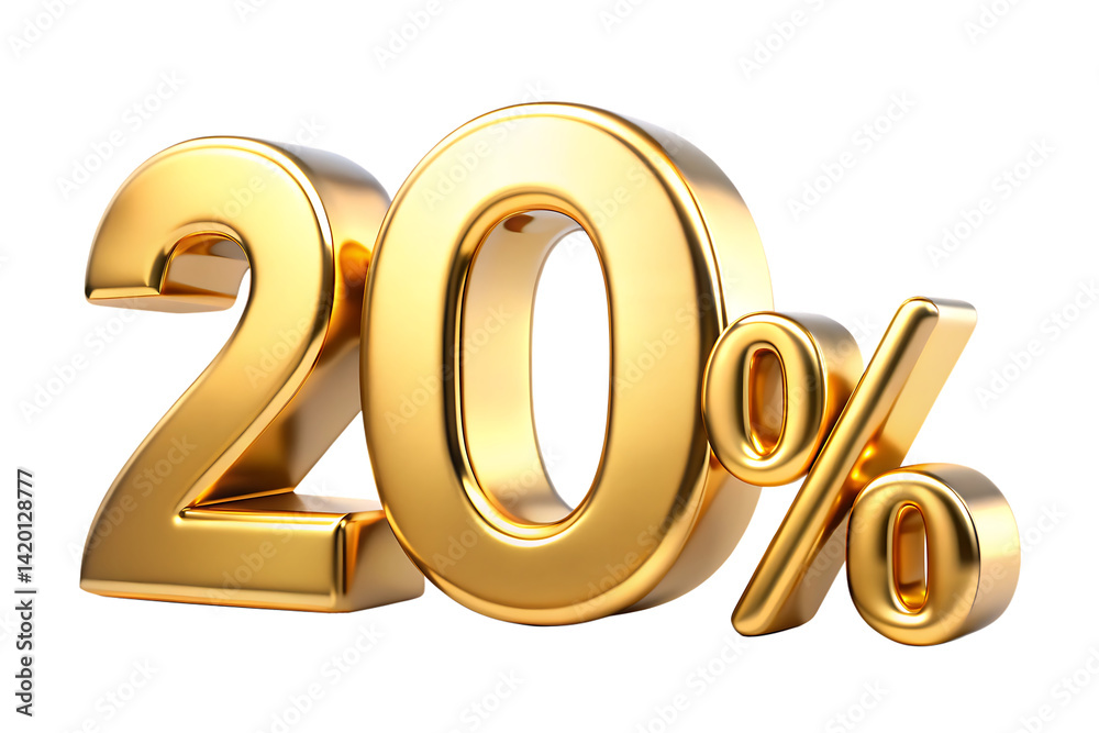 3d golden twenty percent 20 isolated on white background PNG. GENERATIVE AI 3d golden twenty percent 20 isolated on white background PNG. GENERATIVE AI