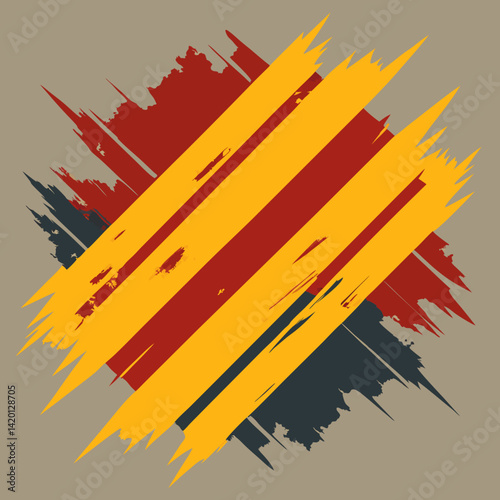 Bold strokes of yellow, red, and dark gray paint create a dynamic, energetic abstract design with a raw, textured feel.