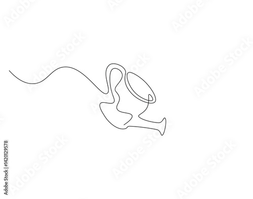 Watering can outline drawing illustration. Continuous line draw of watering pot gardening tool vector.