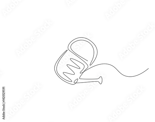 Watering can outline drawing illustration. Continuous line draw of watering pot gardening tool vector.