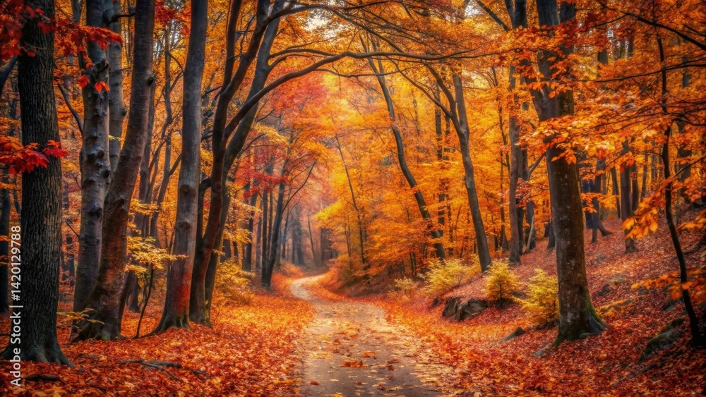 Fototapeta premium Autumnal Pathway Winding Through a Canopy of Vibrant Golden and Red Leaves