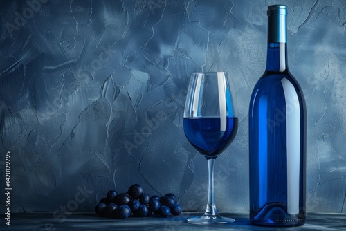 Elegant Blue Wine Bottle and Glass with Grapes on a Textured Background