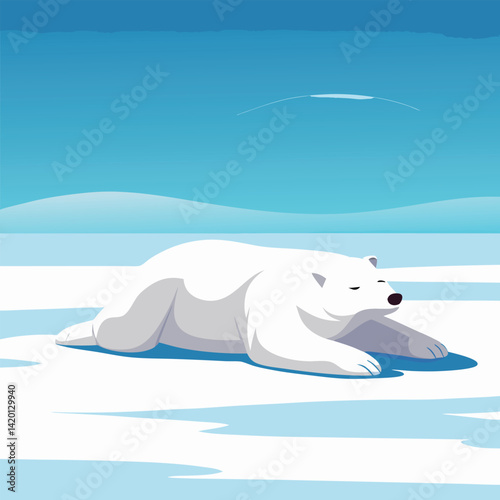 A solitary polar bear lies stretched out on a vast, white snowy expanse under a pale sky.