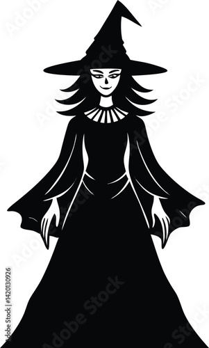 Silhouette of a Witch Figure with Hat in a Mysterious Pose