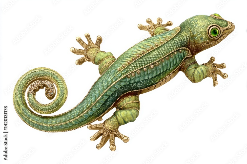 Naklejka premium Intricately designed lizard showcasing vibrant green and gold hues in a captivating art piece